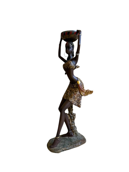 Elegant African Lady Figurine – 33 Cm Exotic Tribal Woman Sculpture with Bowl, Ethnic Art Decor, Vintage Home Accent