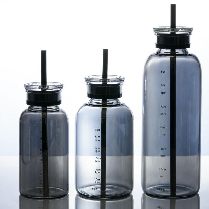 Time-Scale Borosilicate Glass Water Bottle, Two Lids & Straw, Temperature Resistant, 10Oz/15Oz/23Oz, Gray/Transparent