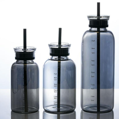Time-Scale Borosilicate Glass Water Bottle, Two Lids & Straw, Temperature Resistant, 10Oz/15Oz/23Oz, Gray/Transparent