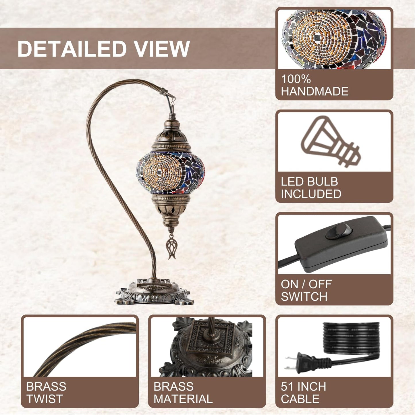 Handmade Turkish Moroccan Mosaic Lamp – Stunning Glass Swan Neck Design with Antique Brass Base, Perfect for Bedroom, Office, and Living Room – Includes Bulb (Red & Navy Central Circles)