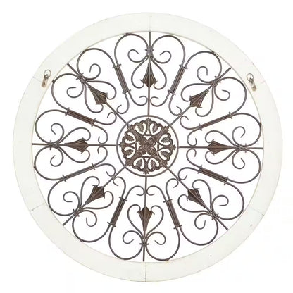 36 In. X 36 In. Wood White Window Inspired Scroll Wall Decor with Metal Scrollwork Relief