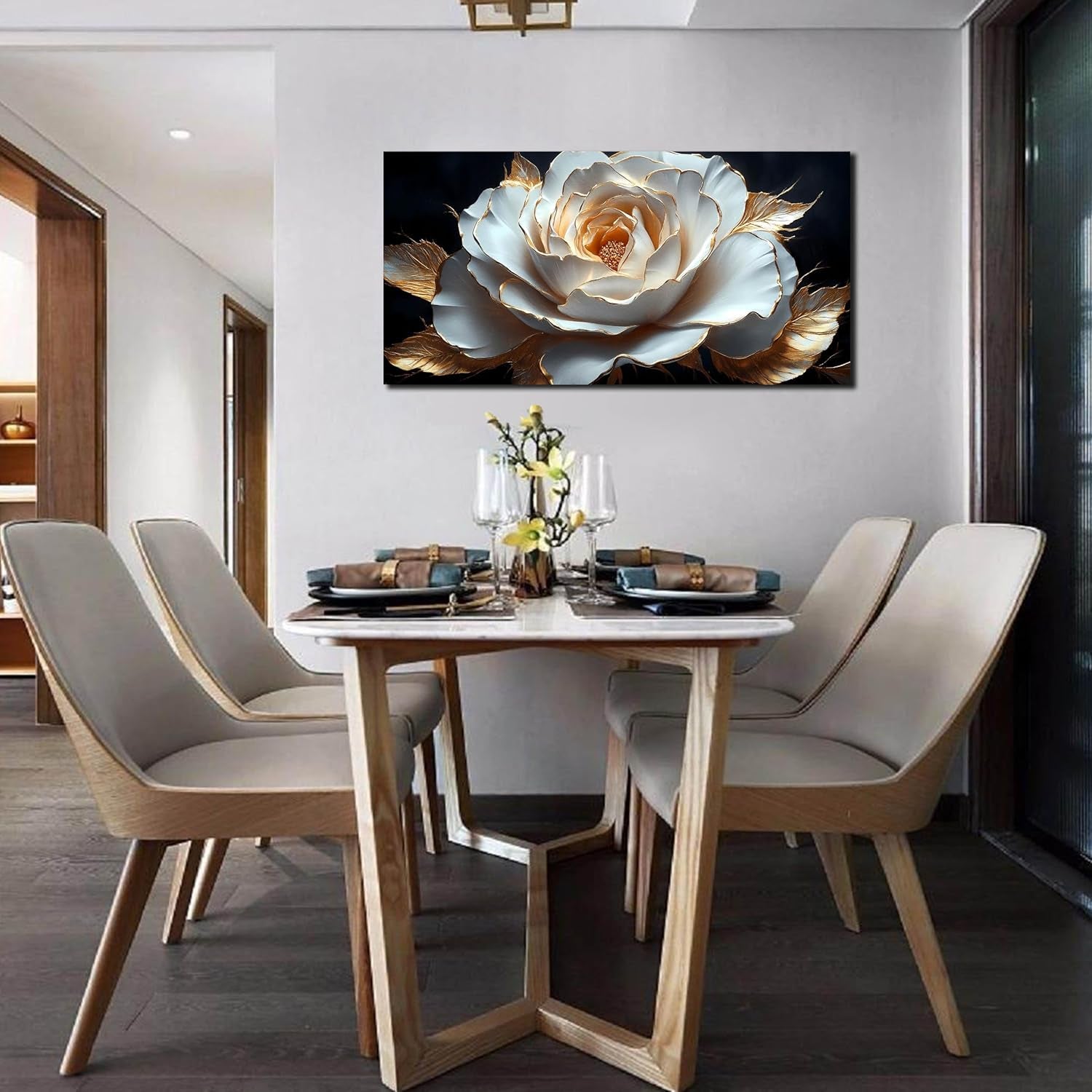 Large White Flower Canvas Wall Art for Living Room Bedroom Home Office Black and White Flower Picture Modern Canvas Prints Framed Wall Decor Artwork Size 20X40