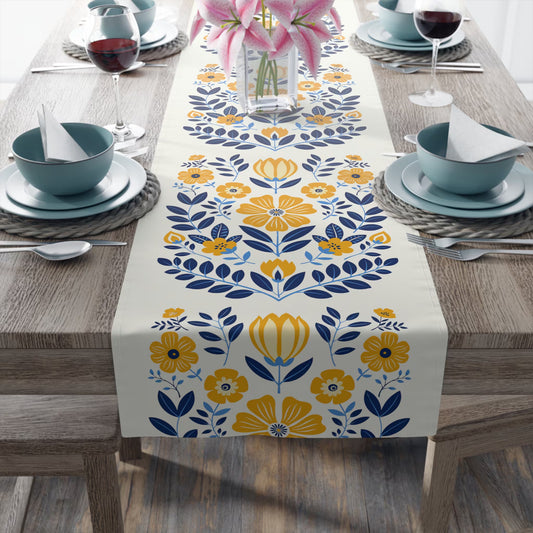 Scandinavian Flower Table Runner, Nordic Folk Art Home Decor, Scandi Housewarming Gift, Farmhouse Floral Gift, Botanical Table Centerpiece
