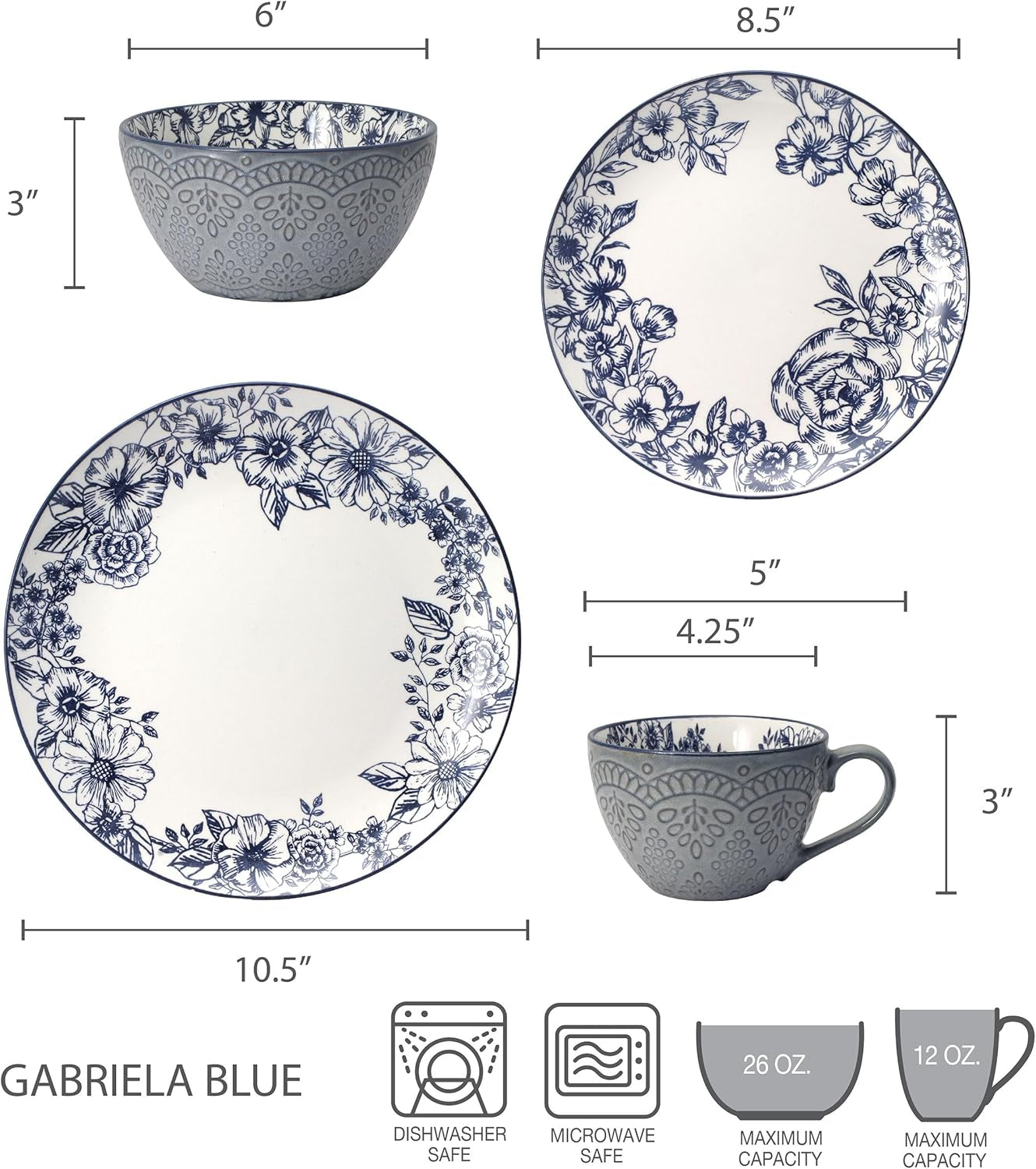 5216941 Gabriela Blue 16-Piece Dinnerware Set, Service for 4