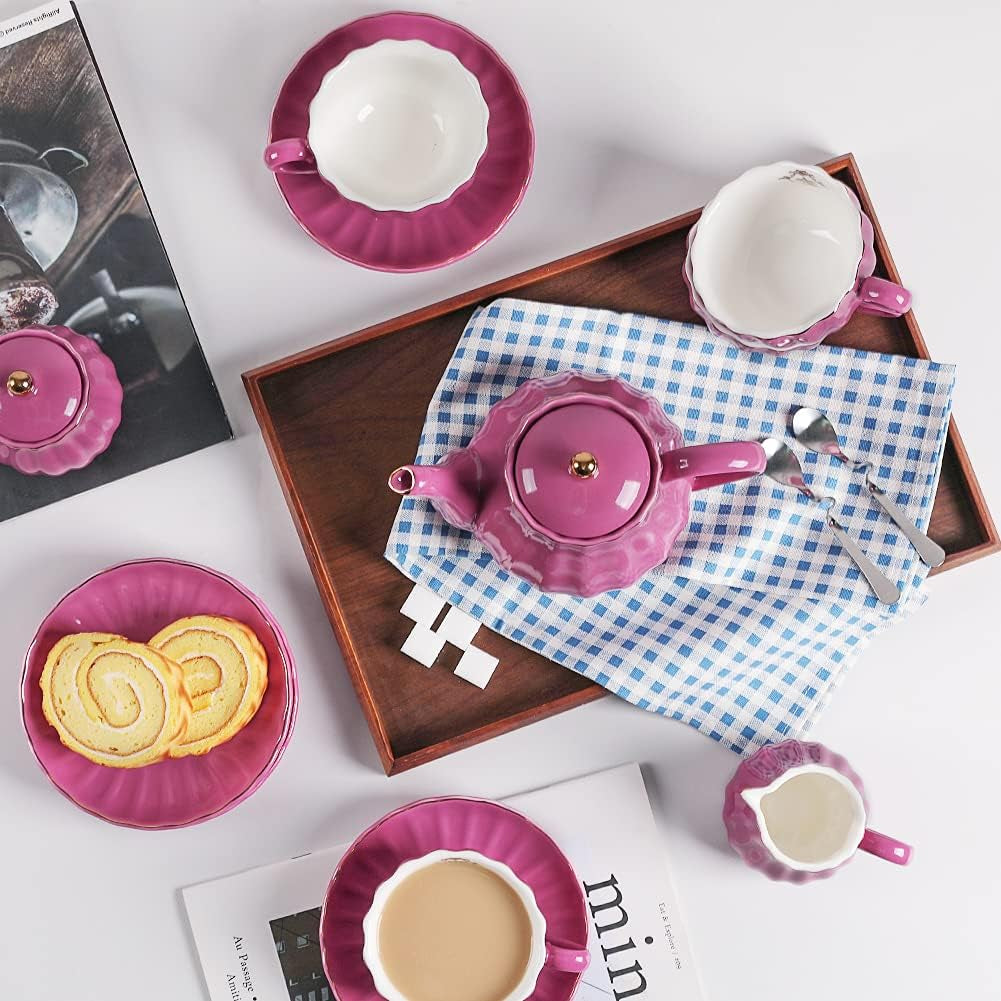 Porcelain Tea Sets British Royal Series, 8 OZ Cups& Saucer Service for 6, with Teapot Sugar Bowl Cream Pitcher Teaspoons and Tea Strainer, Suitable for High Tea, Wedding, Party (Violet)