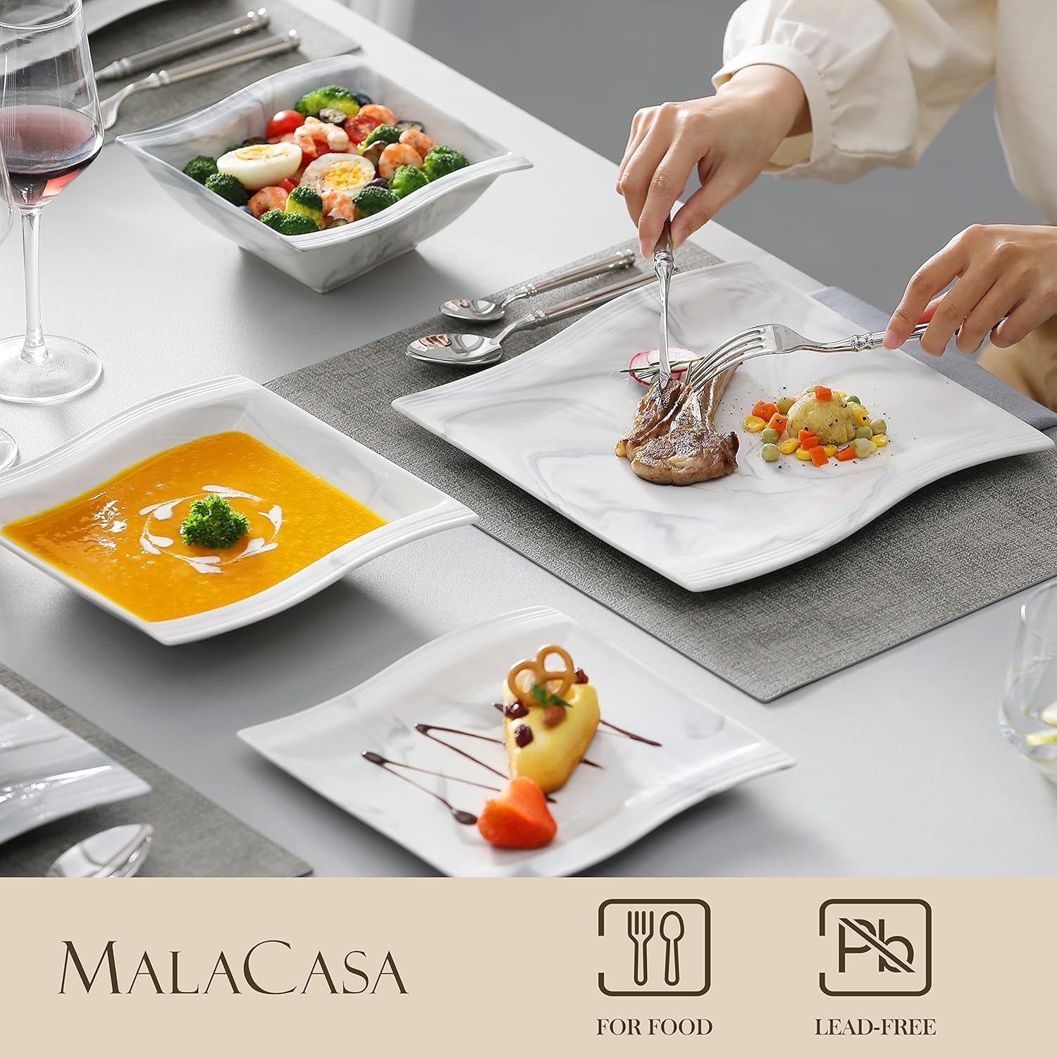 Plates and Bowls Sets, 30 Piece Porcelain Dinnerware Sets for 6, Square Dinnerware Set with Dinner Plate, Dessert Plate, Soup Plate, Cup and Saucer, Modern Dish Set, Marble Grey, Series Flora
