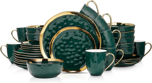 Florian Modern Porcelain Dish Set, 32-Piece Dishes for 8, Gold and Green (Porcelain Dinnerware Set)