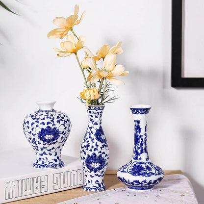 Small Blue and White Vase Classical Ceramic Vases Set of 3, Chinese Porcelain Vases with Art Flambed Glazed，Decorative Modern Floral Vase for Home Decor and Events (No.01)