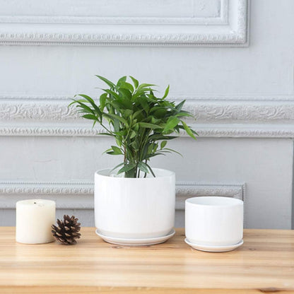 4+5+6 Inch Glazed Plant Pots with Connected Saucers, round Modern Ceramic Flower Pots - Small to Large Size for All House Plants, Flowers and Succulent, Set of 3 (White)