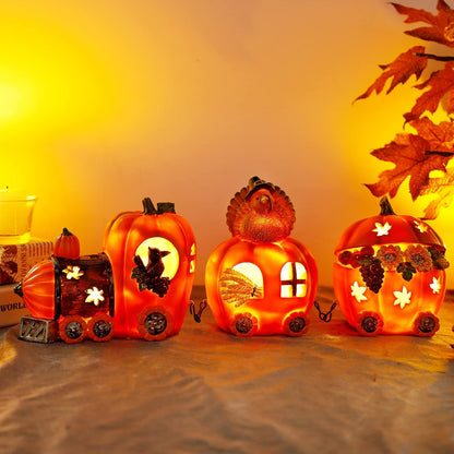 Thanksgiving Table Decorations Resin Pumpkin Turkey Carriage Train with LED Lights, Turkey Tabletop Centerpieces Fall Harvest Decor for Home Kitchen