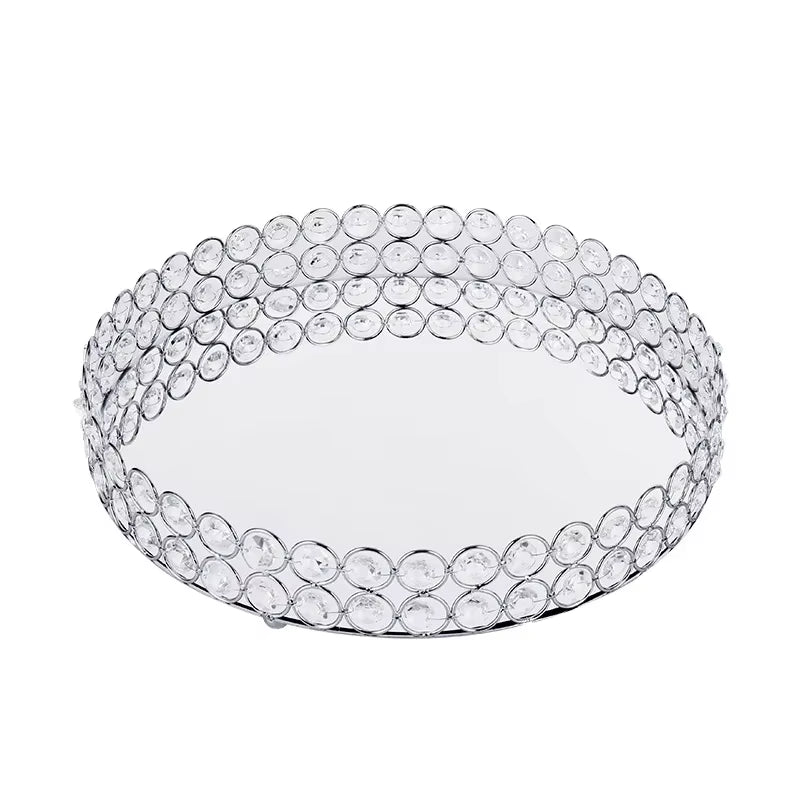 Crystal Decoratiive Mirror Tray round Plate Luxury Serving Tray Table Metal Makeup Storage Dishes Wedding Trinket Decoration