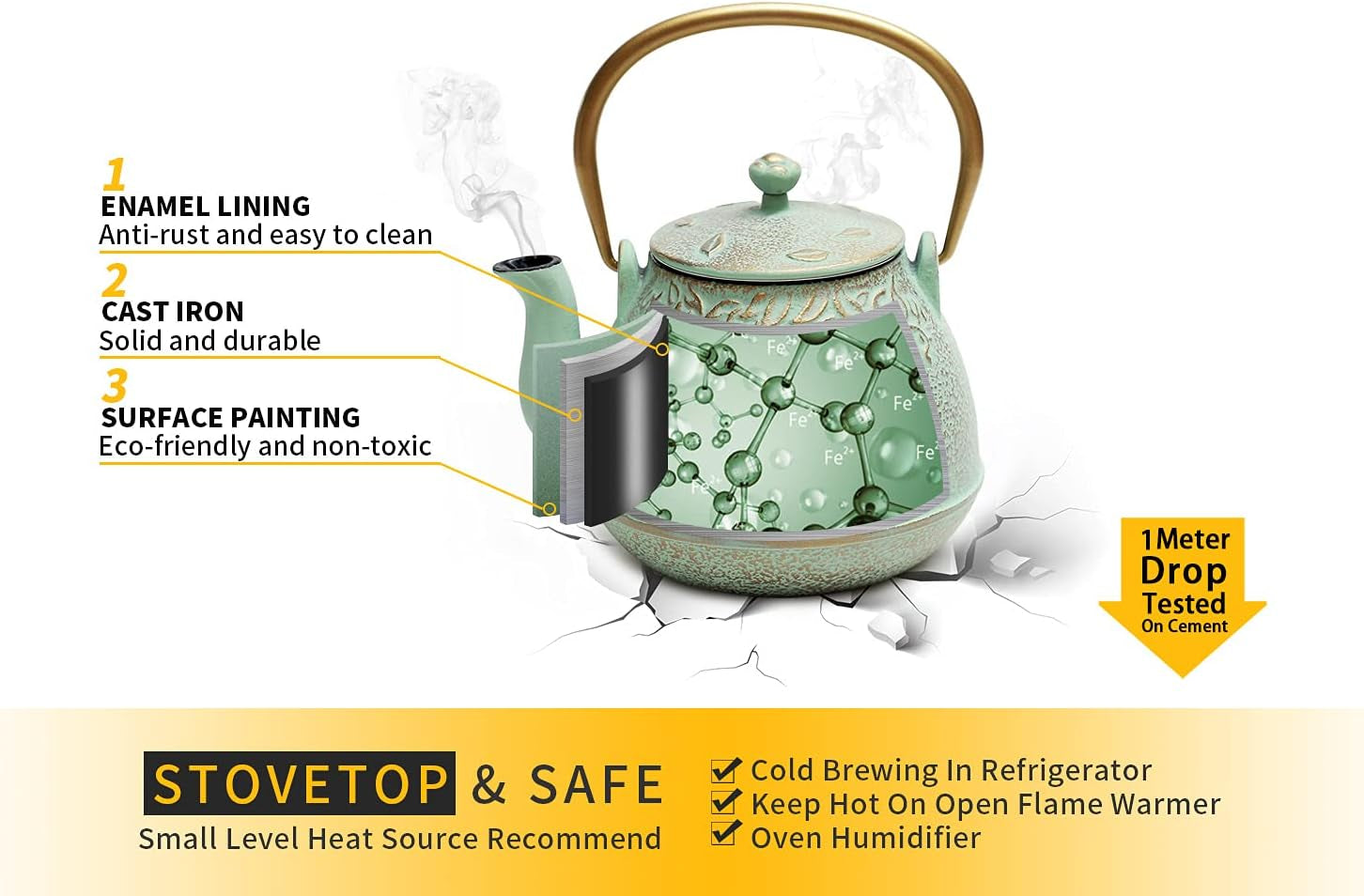 Japanese Teapot with Stainless Steel Infuser, Cast Iron Tea Kettle Stovetop Safe, Leaf Design Coated with Enameled Interior for 32 Ounce (950 Ml), Light Green