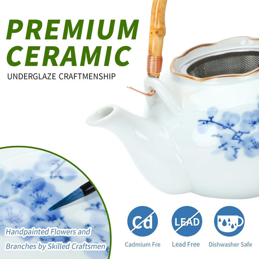 Japanese Tea Set Porcelain Tea Set with Teapot and Tea Cup Set for 4, Blue and White Tea Sets for Adults with Stainless Infuser and Bamboo Tray, Asian Tea Set for Tea Lovers/Women/Men (Plum & Bamboo)