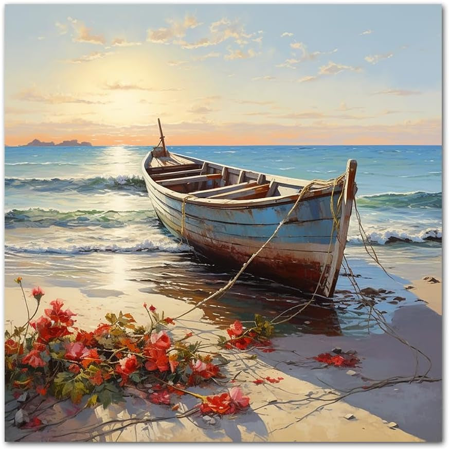 Boat Wall Art Coastal Bathroom Wall Decor Beach Framed Painting 12X12 Inch