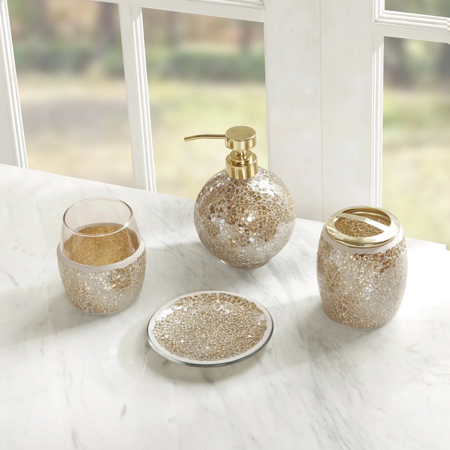 4 Piece Mosaic Bath Accessories Sets, Gold,Silver,Multi-Color