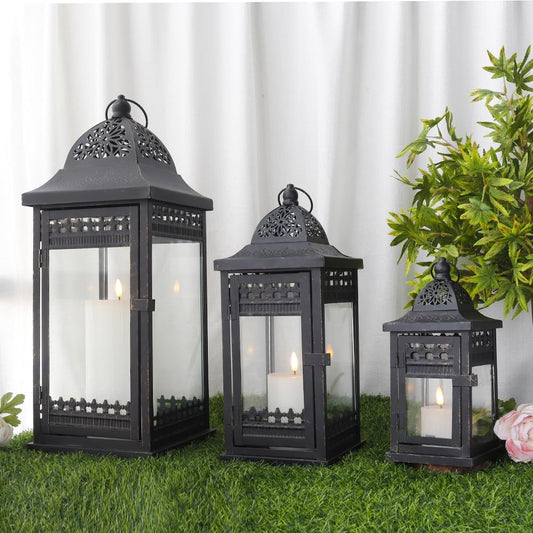 Set of 3 Decorative Candle Lanterns20&14.5"&9.5" High Vintage Style Hanging Lantern, Metal Candleholder for Indoor Outdoor, Events, Parities and Weddings（Black with Gold Brush）