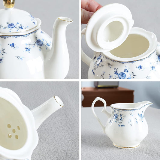 15 Piece Blue Rose Porcelain Tea Set, British Floral Teapot with Tea Cups, Women Tea Party Set for 6