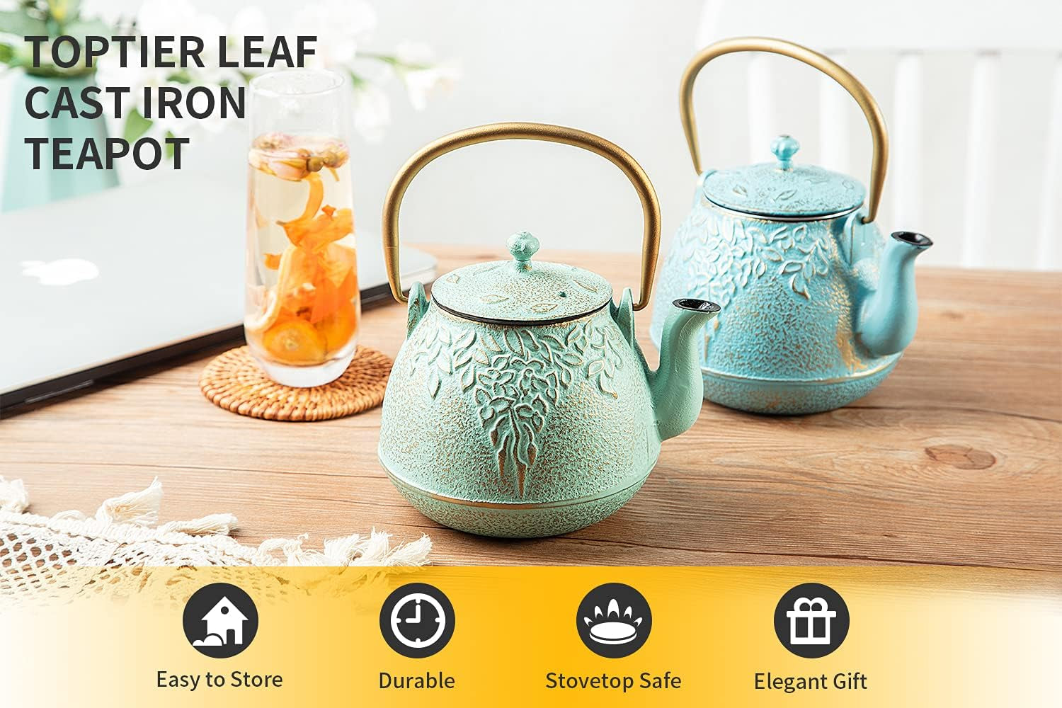 Japanese Teapot with Stainless Steel Infuser, Cast Iron Tea Kettle Stovetop Safe, Leaf Design Coated with Enameled Interior for 32 Ounce (950 Ml), Light Green
