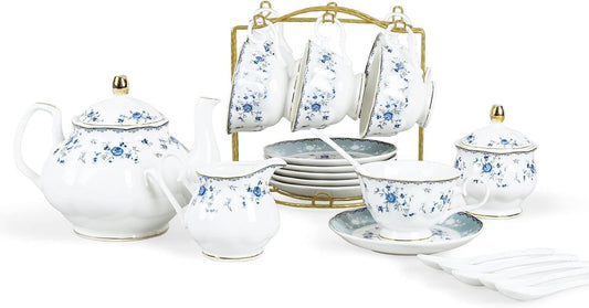 15 Piece Blue Rose Porcelain Tea Set, British Floral Teapot with Tea Cups, Women Tea Party Set for 6