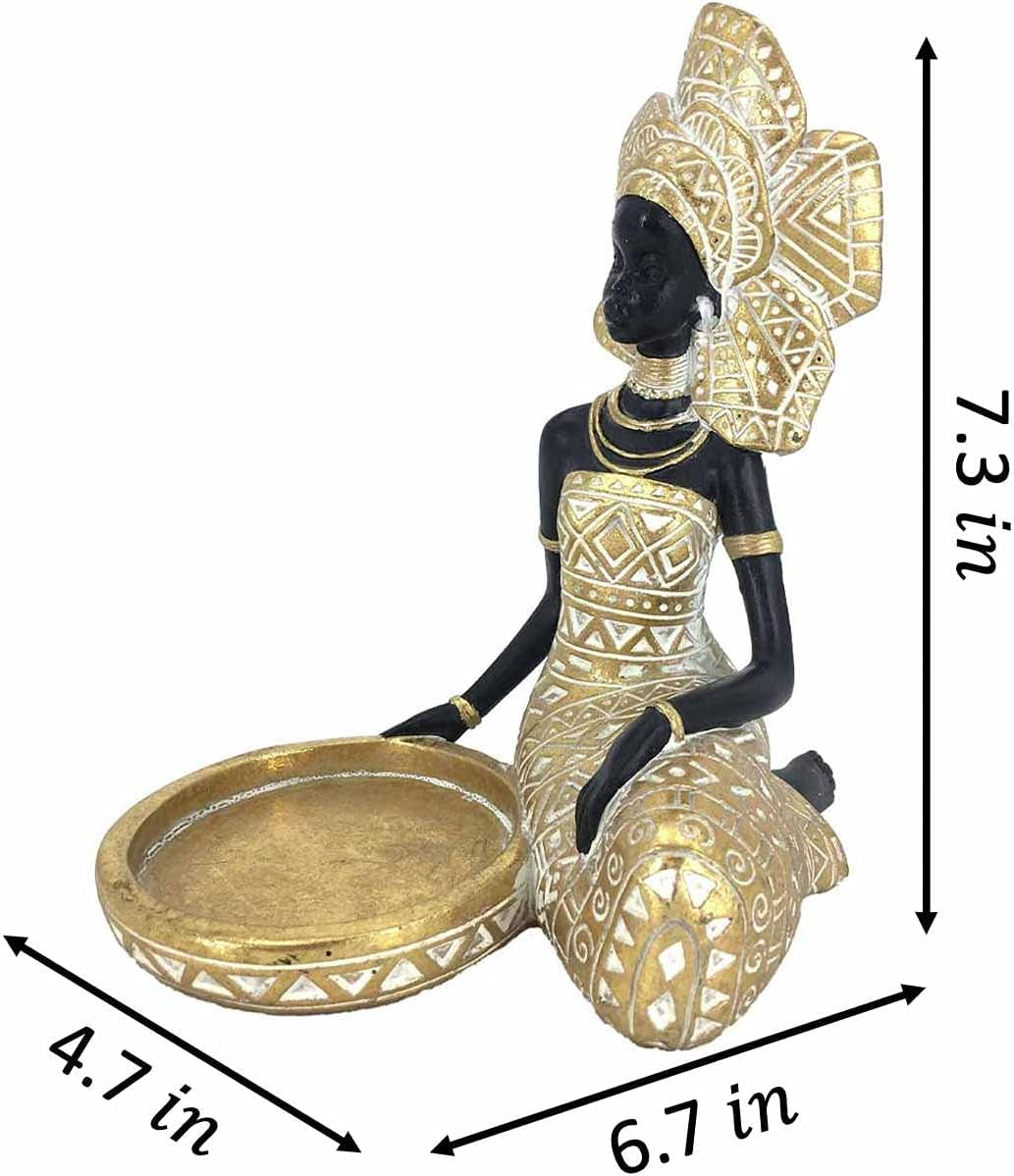 African Lady Figurine Candle Holder with African Tribal Totem for Wedding,Church,Holiday Decor-African Decorative Women Statues, Candlestick Holder for Home and Table Decor(754-Gold)