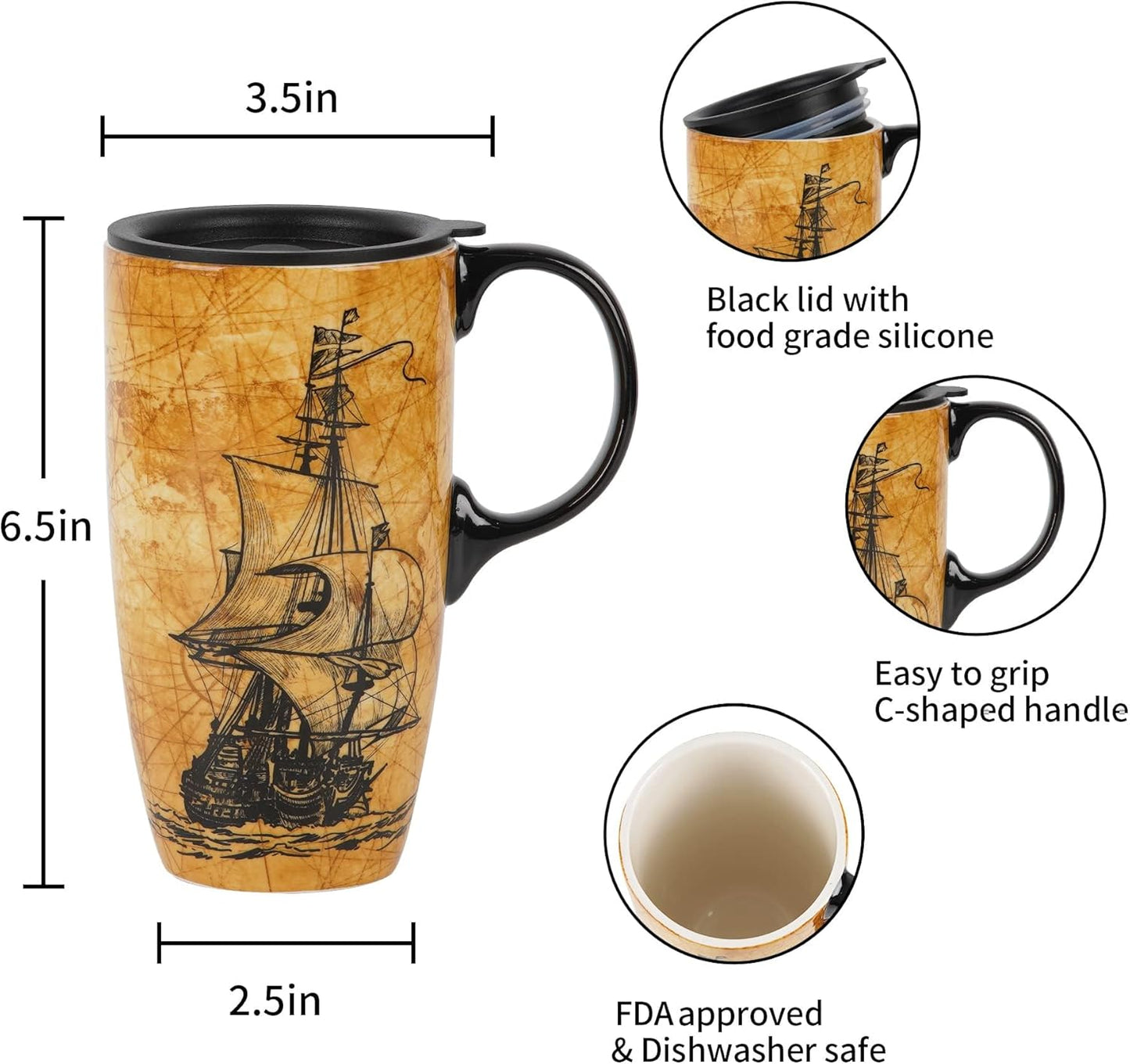 Coffee Ceramic Mug Porcelain Latte Tea Cup with Lid 17Oz, Novelty Coffee Mugs for Men Women Office & Home Sailboat