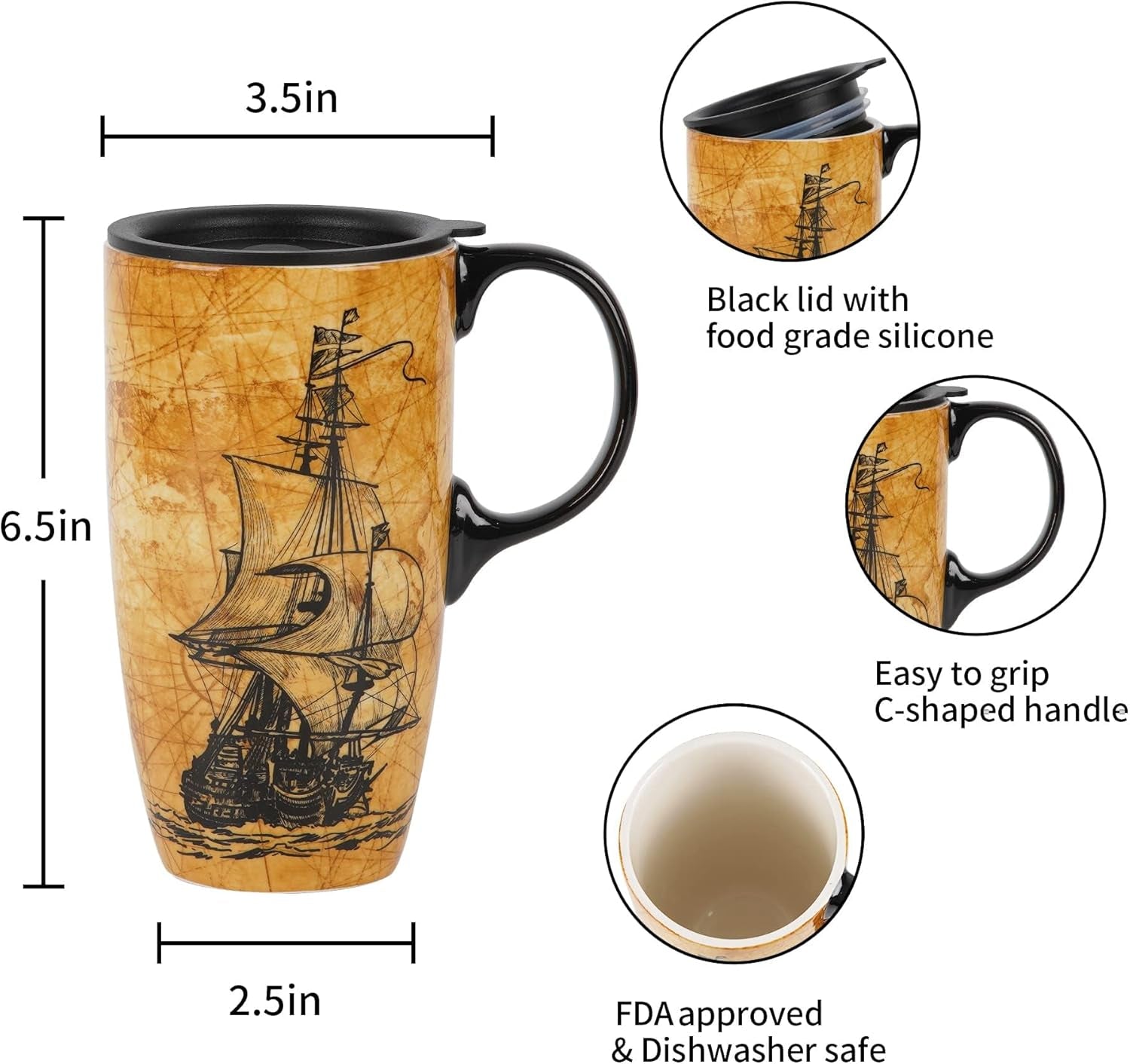 Coffee Ceramic Mug Porcelain Latte Tea Cup with Lid 17Oz, Novelty Coffee Mugs for Men Women Office & Home Sailboat