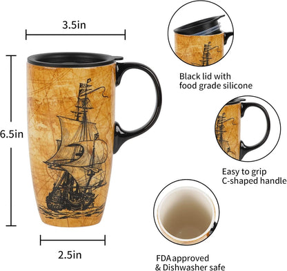 Coffee Ceramic Mug Porcelain Latte Tea Cup with Lid 17Oz, Novelty Coffee Mugs for Men Women Office & Home Sailboat