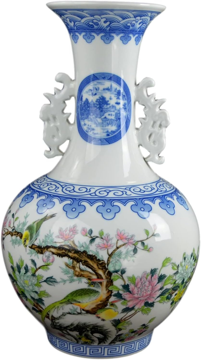 20" Classic Floral Porcelain Vase, China Vase, Decorative Vase, Double Ears, Reward Vases (Pink)