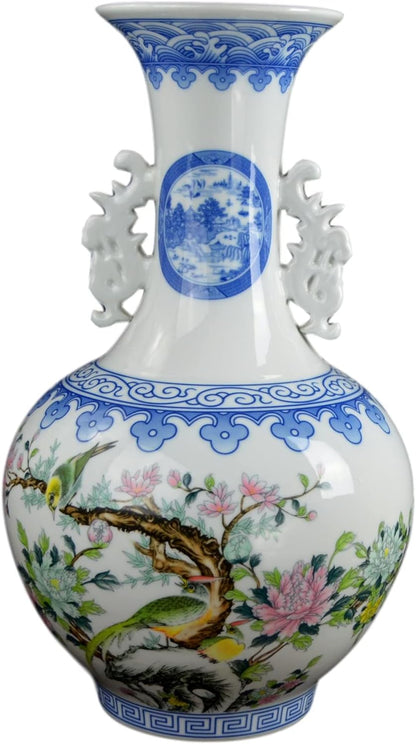 20" Classic Floral Porcelain Vase, China Vase, Decorative Vase, Double Ears, Reward Vases (Pink)