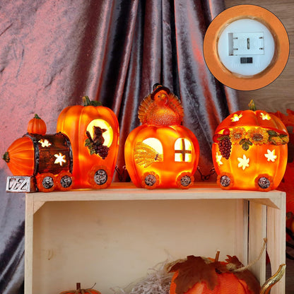 Thanksgiving Table Decorations Resin Pumpkin Turkey Carriage Train with LED Lights, Turkey Tabletop Centerpieces Fall Harvest Decor for Home Kitchen