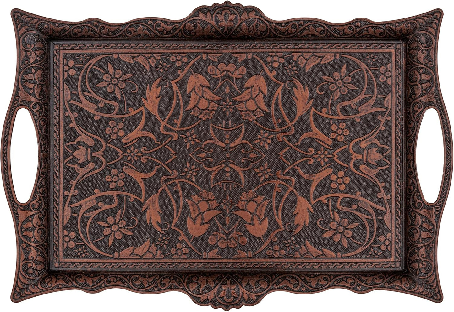Ottoman Turkish Zamak Serving Tray with Traditional Motifs, Ideal for Coffee and Tea - Six Person Tray (14.5 X 9.85 In) (Copper)