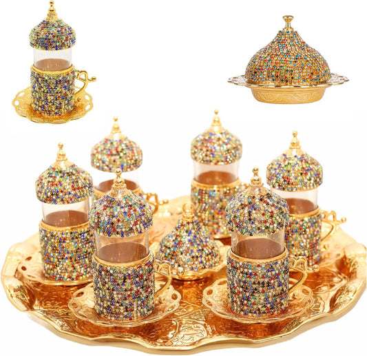 Crystal-Embellished Turkish Tea Glass Set with Zamak Holders and Saucers (SET of 6) (Multi)