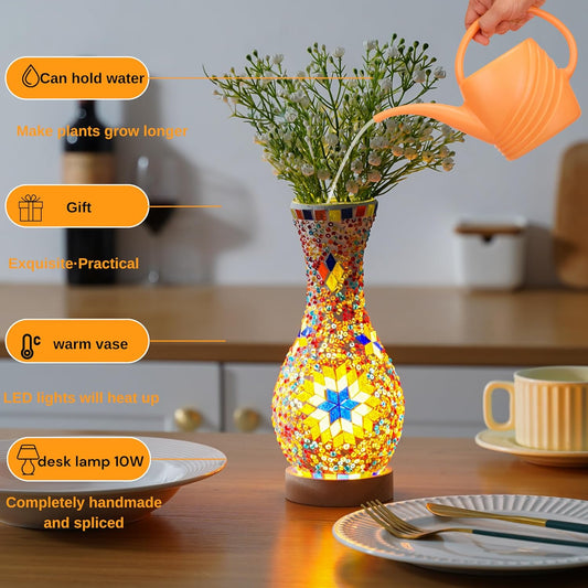 Mosaic Vase Lamp, Turkish Moroccan Table Lamp，Colorful Handmade Glass Vase with Wood Base for Flowers, USB Charge Decor Light for Bedroom Ambient Living Room Farmhouse