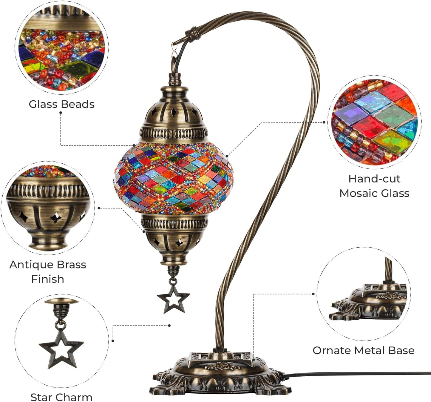 Handmade Turkish Mosaic Table Lamp - Boho Chic Bedside Light in Antique Brass Finish, 15" H, Multicolor Accent for Bedroom & Living Room