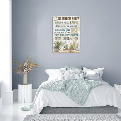 Rustic Bathroom Rules Canvas Prints - Farmhouse Wall Decor, Framed Bathroom Artwork for Laundry Room & Home Decorations