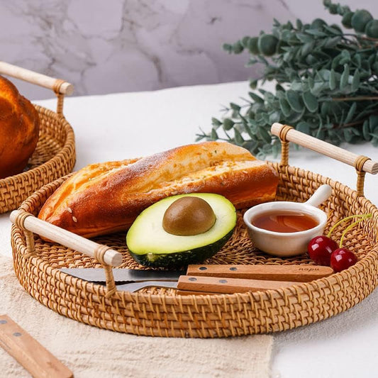 Woven Serving Tray, Rattan round Tray, Wicker Serving Basket with Wooden Handles (12.6 Inch / 32Cm)