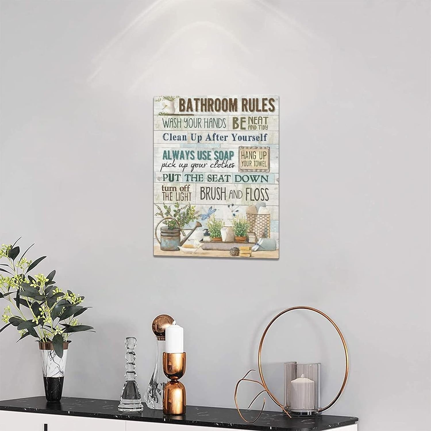 Rustic Bathroom Rules Canvas Prints - Farmhouse Wall Decor, Framed Bathroom Artwork for Laundry Room & Home Decorations