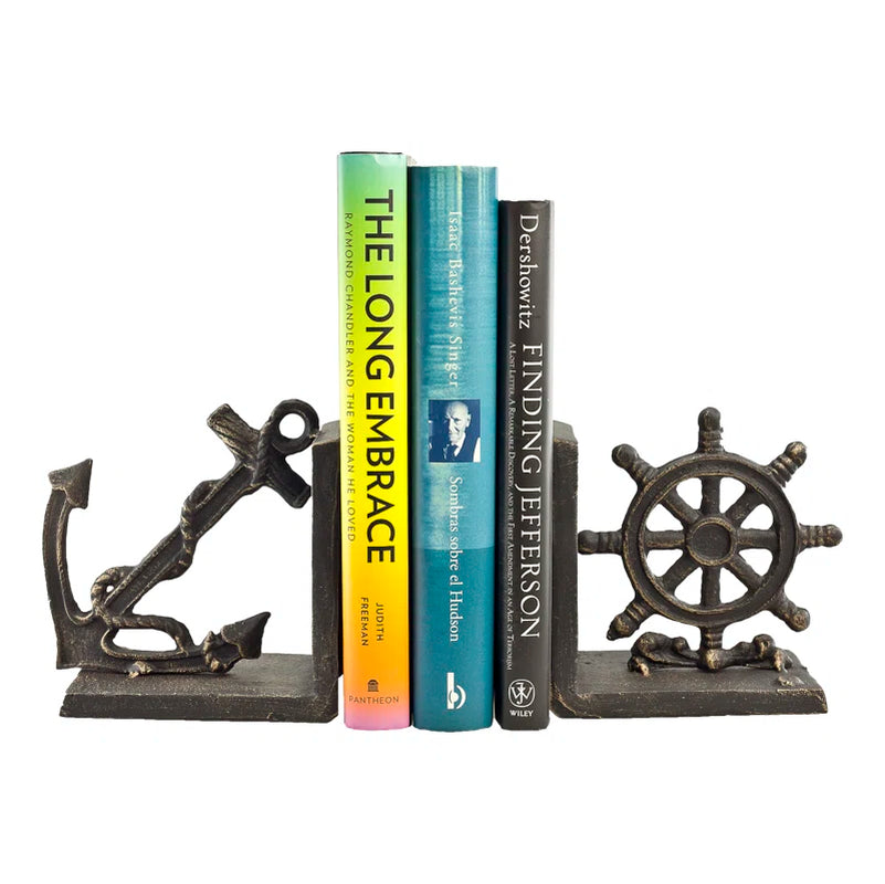 Nautical Anchor and Ship Wheel Iron Non-Skid Bookends Set