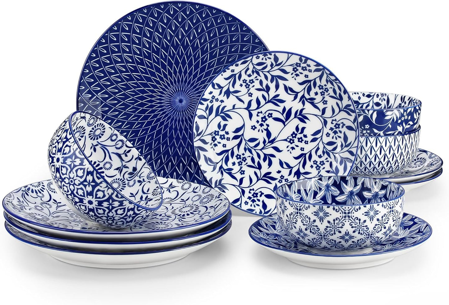 SELENE Plates and Bowls Set for 4, 12 Pieces Dinnerware Sets, Mircowave and Dishwasher Safe Dishes Set, Porcelain Blue Dinnerware