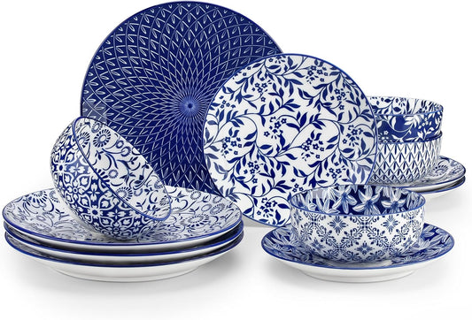 SELENE Plates and Bowls Set for 4, 12 Pieces Dinnerware Sets, Mircowave and Dishwasher Safe Dishes Set, Porcelain Blue Dinnerware