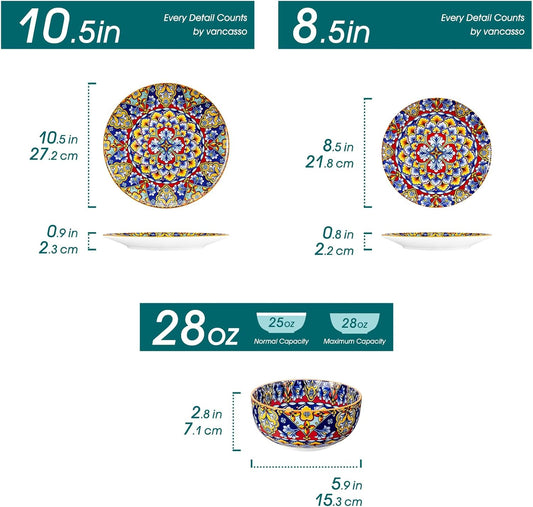 12 Pieces Dinnerware Sets, Orange Plates and Bowls Set, Porcelain Dishes Set for 4, Microwave and Dishwasher Safe, Scratch Resistant, Bohemian Style Dining Ware Service for 4, Series SIMI