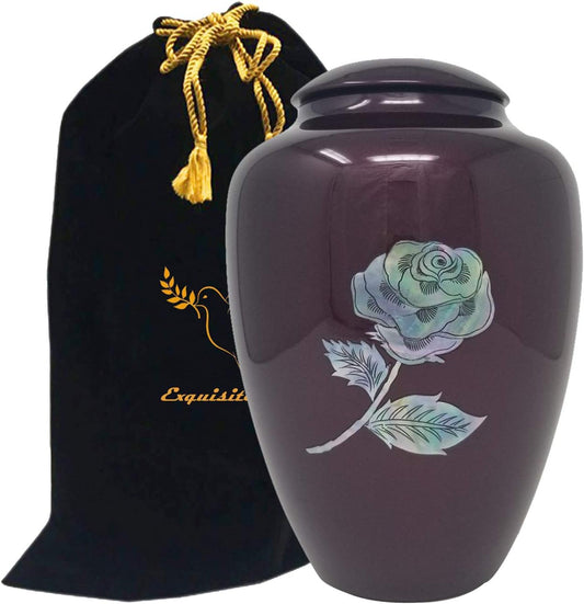 Handcrafted Fiber Glass Cremation Urn - Mother of Pearl Adult Urn - Handcrafted Light Weighed Adult Funeral Urn for Ashes - Great Deal Free Velvet Bag and Ash Bag (Burgundy Rose)