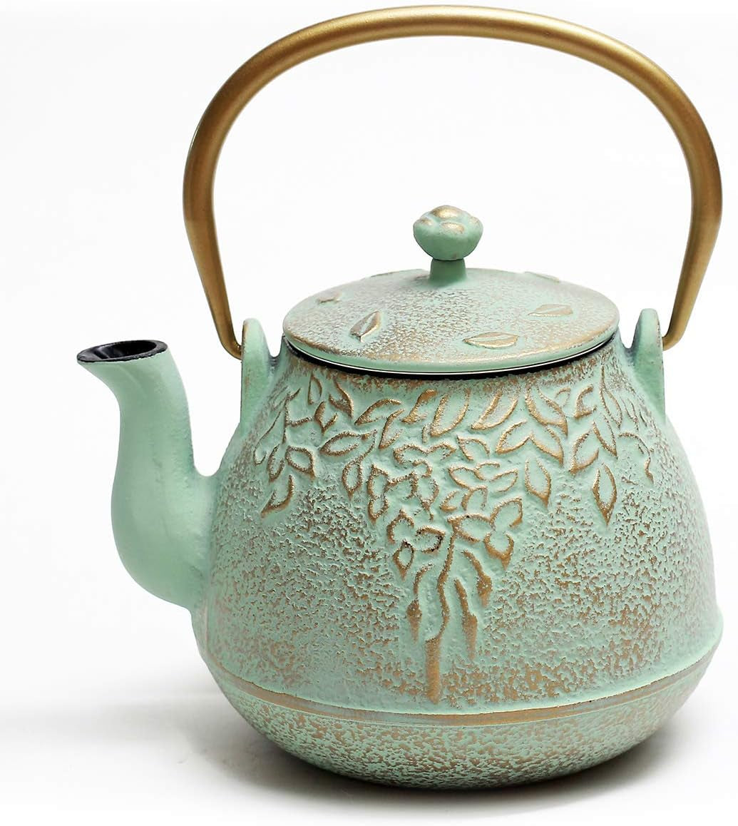 Japanese Teapot with Stainless Steel Infuser, Cast Iron Tea Kettle Stovetop Safe, Leaf Design Coated with Enameled Interior for 32 Ounce (950 Ml), Light Green