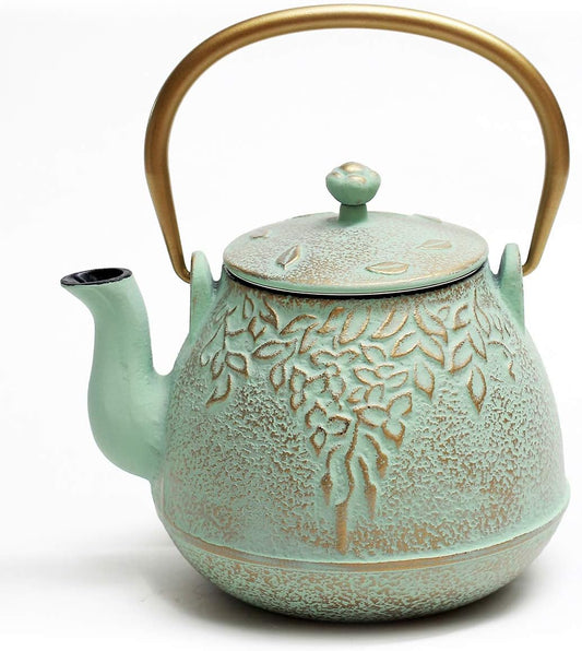 Japanese Teapot with Stainless Steel Infuser, Cast Iron Tea Kettle Stovetop Safe, Leaf Design Coated with Enameled Interior for 32 Ounce (950 Ml), Light Green