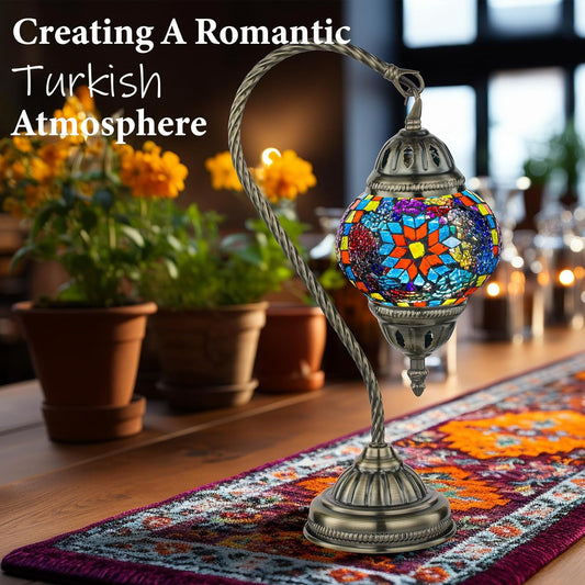 Turkish Lamp Moroccan Lamp Mosaic Glass Table Lamp, Handmade Turkish Mosaic Light with Swan Neck Bronze Base Including LED Bulb for Living Room Bedroom Decor (Mosaic Colorful)