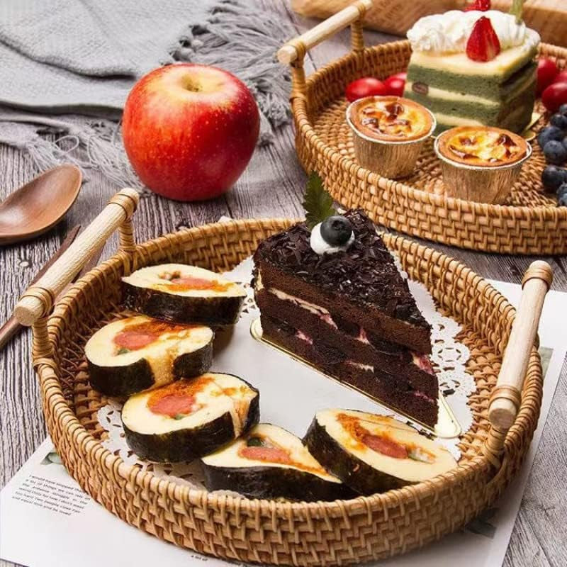 Woven Serving Tray, Rattan round Tray, Wicker Serving Basket with Wooden Handles (12.6 Inch / 32Cm)