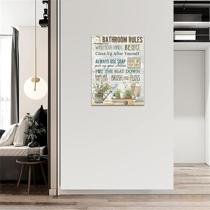 Rustic Bathroom Rules Canvas Prints - Farmhouse Wall Decor, Framed Bathroom Artwork for Laundry Room & Home Decorations