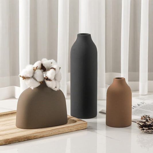 Elegant Ceramic Vase Set of 3 - Modern Farmhouse Home Decor for Fresh & Dried Flowers, Perfect for Bedroom, Living Room, Bookshelves, and Centerpieces - Boho Chic Decoration