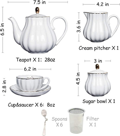 Porcelain Tea Sets British Royal Series, 8 OZ Cups& Saucer Service for 6, with Teapot Sugar Bowl Cream Pitcher Teaspoons and Tea Strainer, Suitable for High Tea, Wedding, Party (Violet)