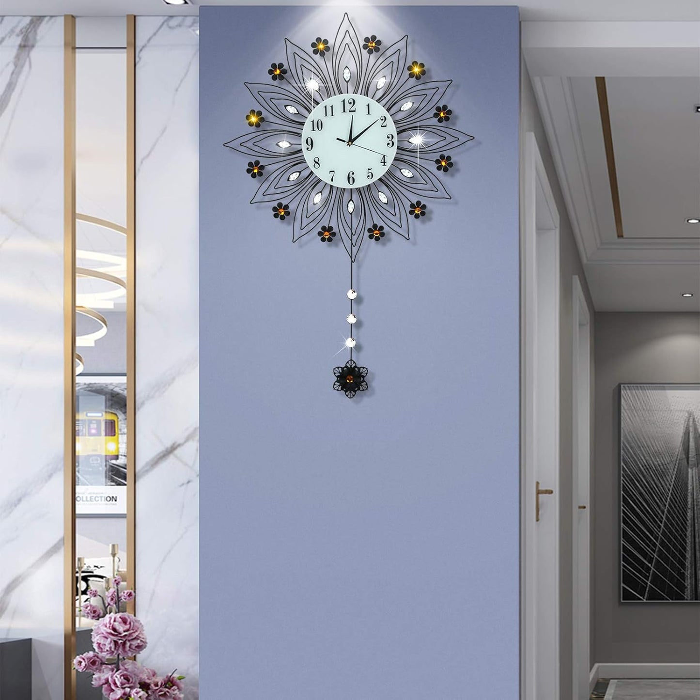Large Pendulum Wall Clock,Non-Ticking Silent Quartz Metal Wall Clocks,Flower Fancy Wall Clocks for Living Room Decor